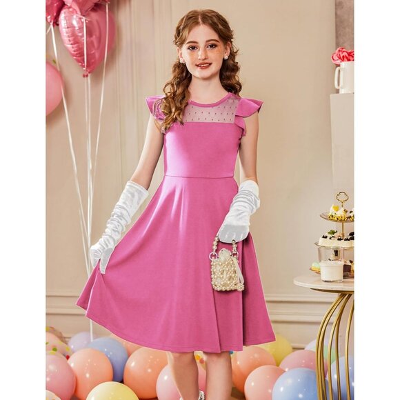 🆕Girls Hot Pink Polyester Summer Dress Ruffle Sleeve Mesh A-Line Casual Party - Picture 5 of 7